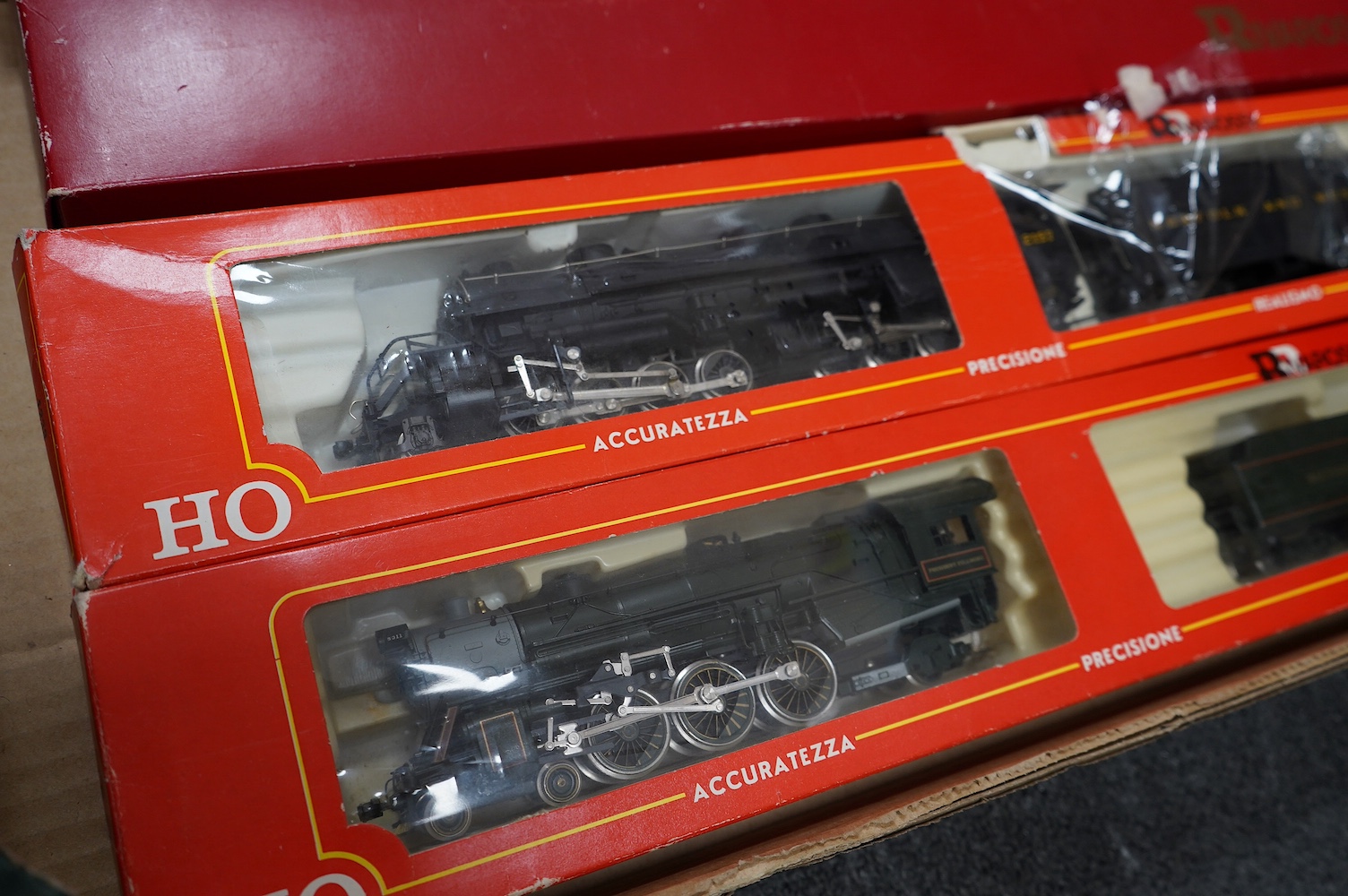 Three boxed Rivarossi HO gauge railway American outline tender locomotives; a Southern Pacific Lines 2-8-8-4, 4294, (1547), a Norfolk and Western 2-8-8-2, 2197, (1238), and a B&O 4-6-2, President Fillmore, (1540). Condit